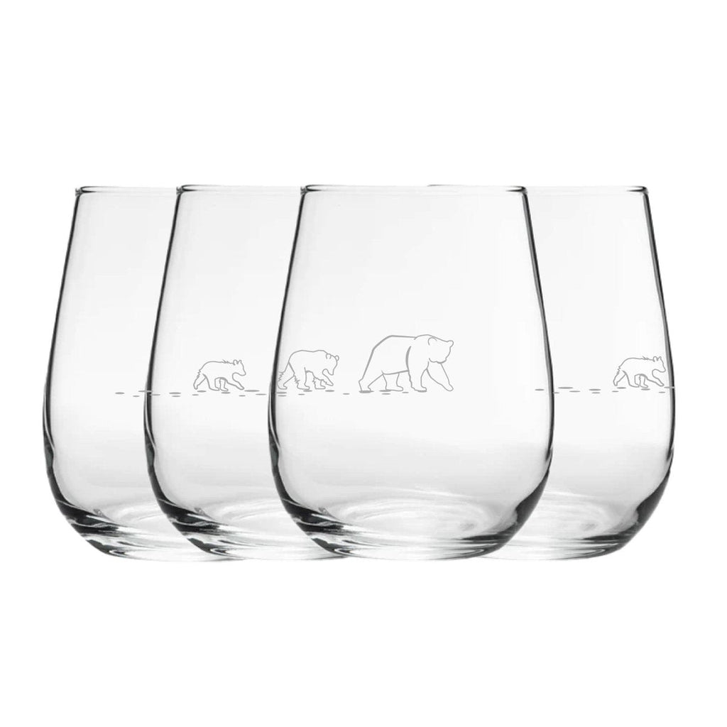 Engraved Bear Pattern Set of 4 Gaia Stemless Wine 12oz Glasses