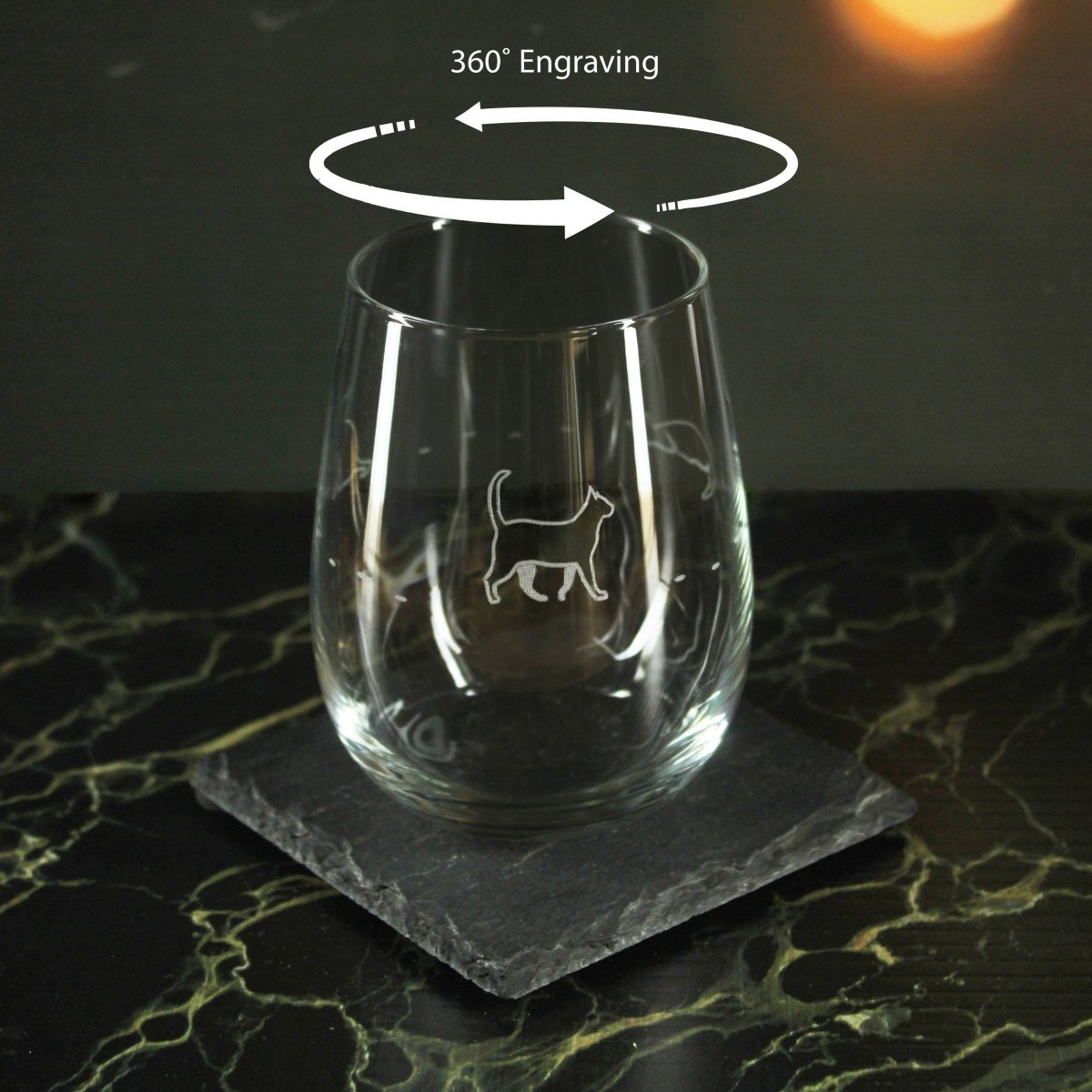 Engraved Cat Pattern Set of 4 Gaia Stemless Wine 12oz Glasses
