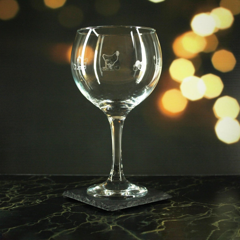 Engraved Chicken Pattern Gin Balloon Set of 4 22.5oz Glasses