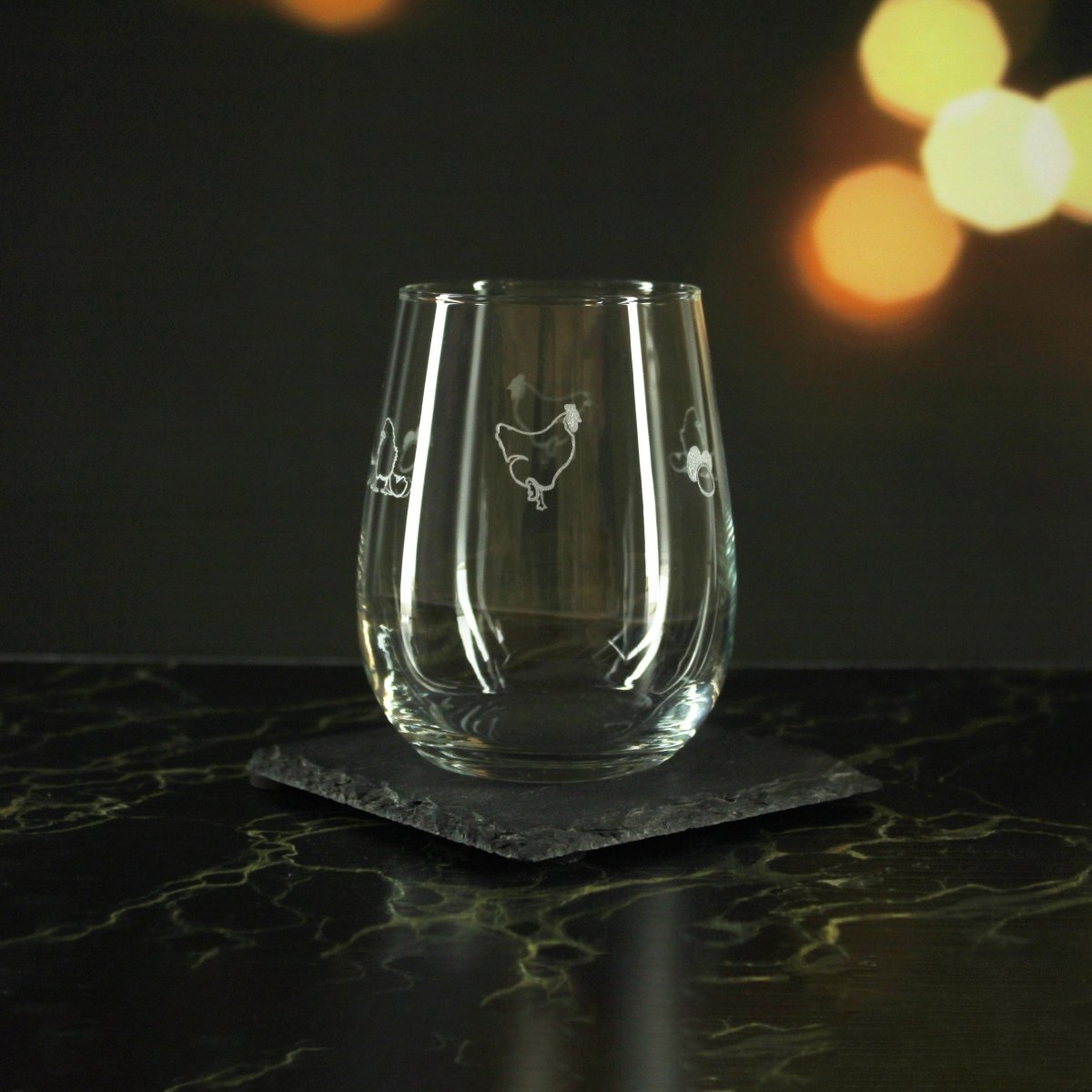 Engraved Chicken Pattern Set of 4 Gaia Stemless Wine 12oz Glasses