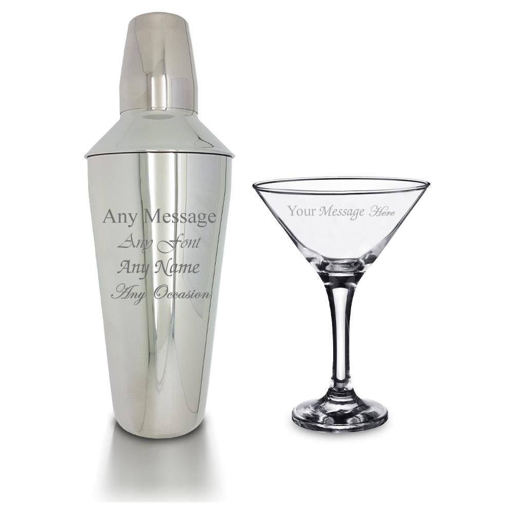 Personalised Engraved Cocktail Shaker with Strainer and Martini Glass, Perfect for any Cocktail lover, Great for any Occasion