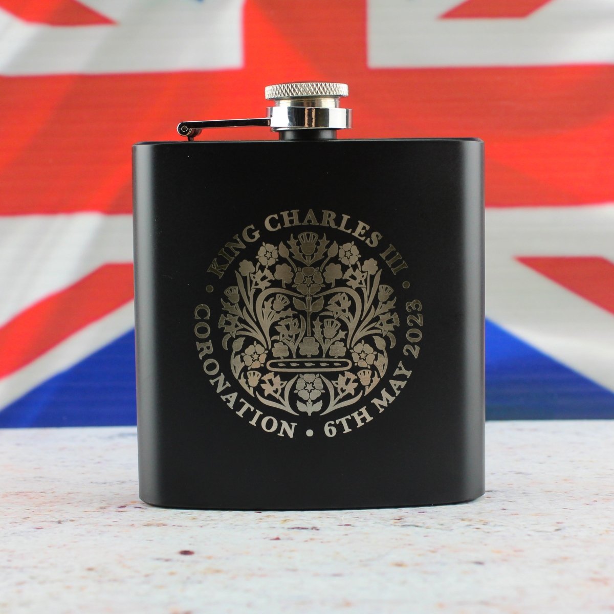 Engraved Commemorative Coronation of the King Black Hip Flask
