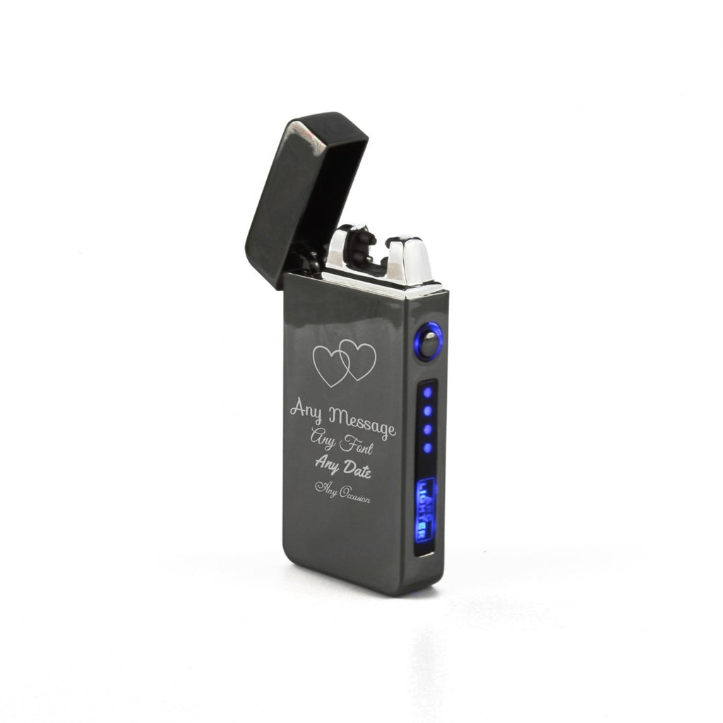 Engraved Electric Arc Lighter, Black, Overlapping Hearts