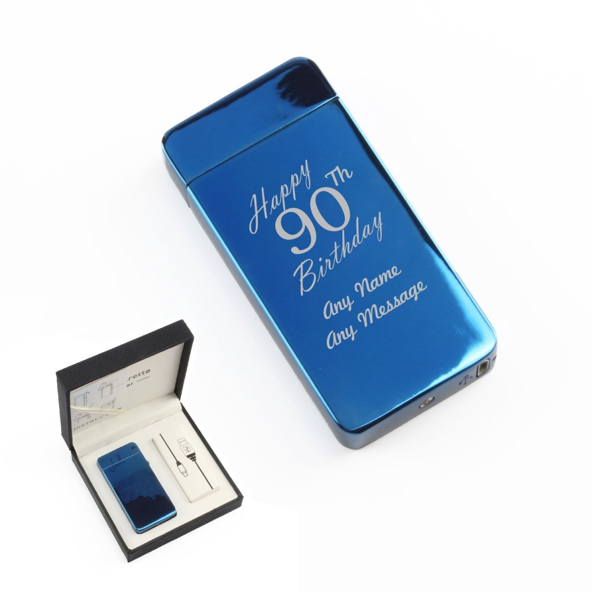 Engraved Electric Arc Lighter, Blue, Happy 90th Birthday, Gift Boxed