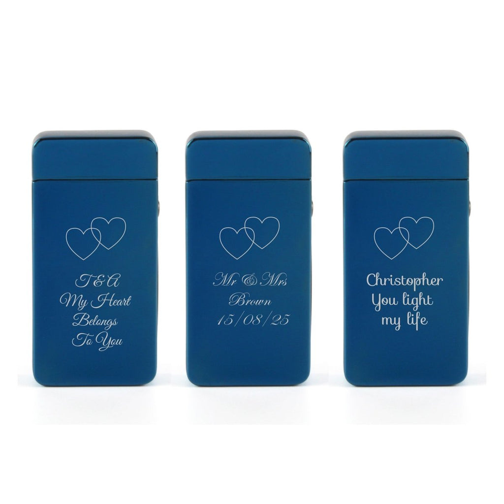 Engraved Electric Arc Lighter, Blue, Overlapping Hearts