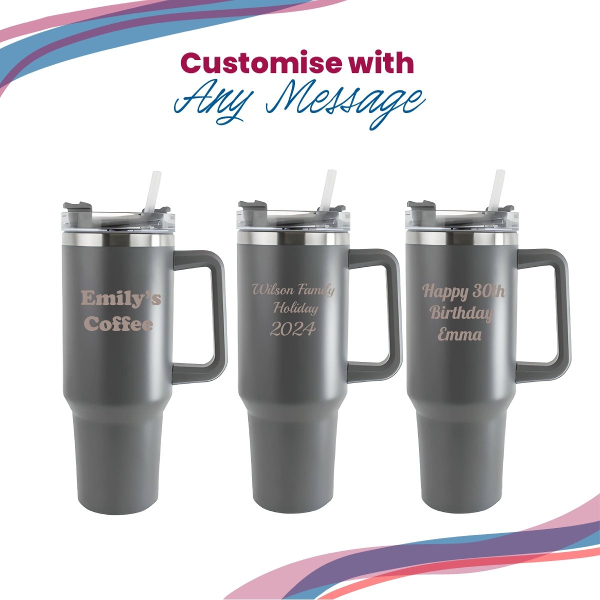 Engraved Extra Large Grey Travel Cup 40oz/1135ml, Any Message