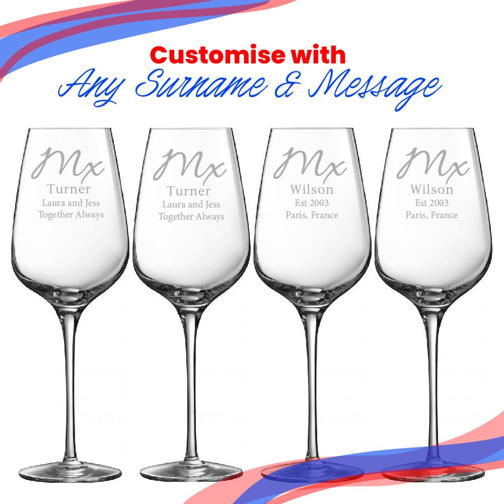 Engraved Gender Neutral Wedding Glasses, Mx and Mx, 15.8oz/450ml, Elegant Font