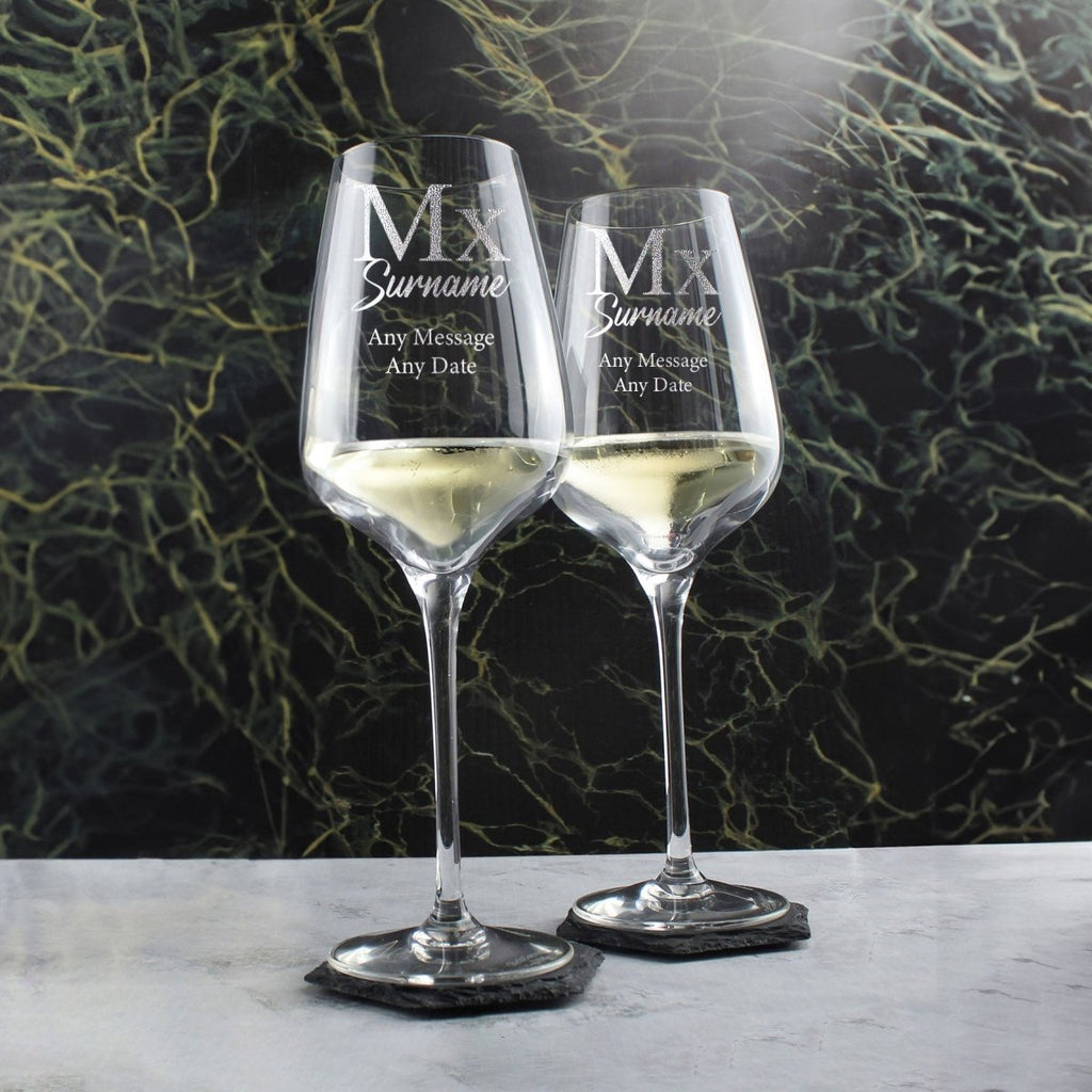Engraved Gender Neutral Wedding Glasses, Mx and Mx, 15oz Classic Font