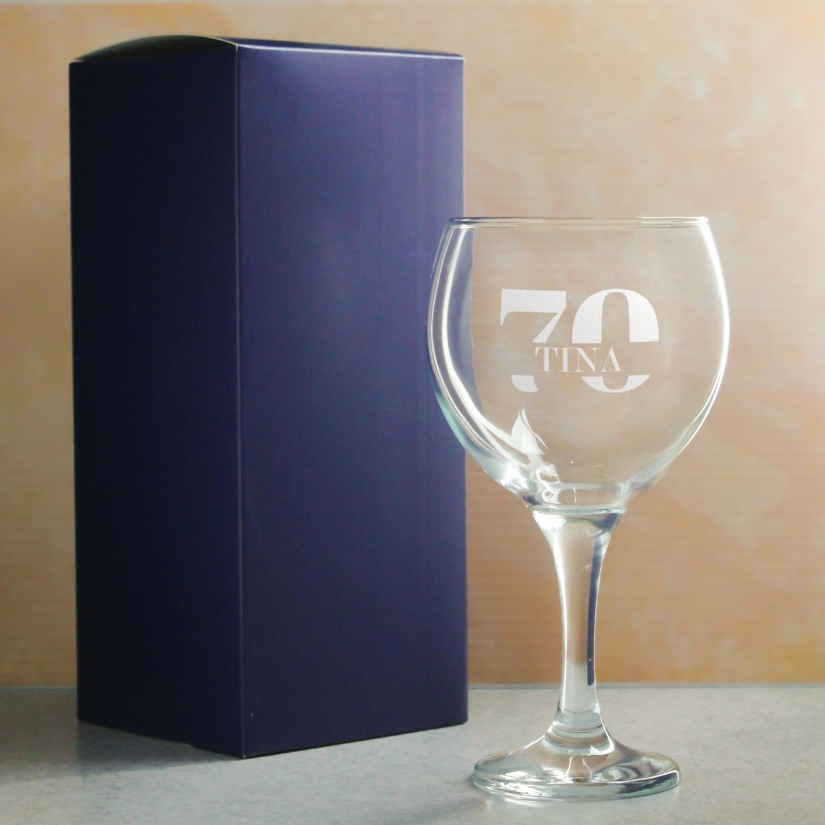 Engraved Gin Balloon Cocktail Glass with Name in 70 Design