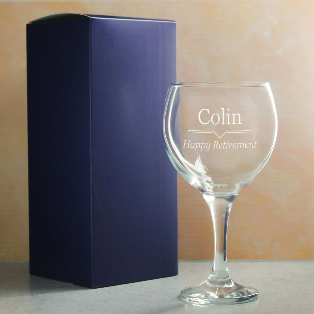 Engraved Gin Balloon Glass with Line Break Design, Personalise with Any Name and Message