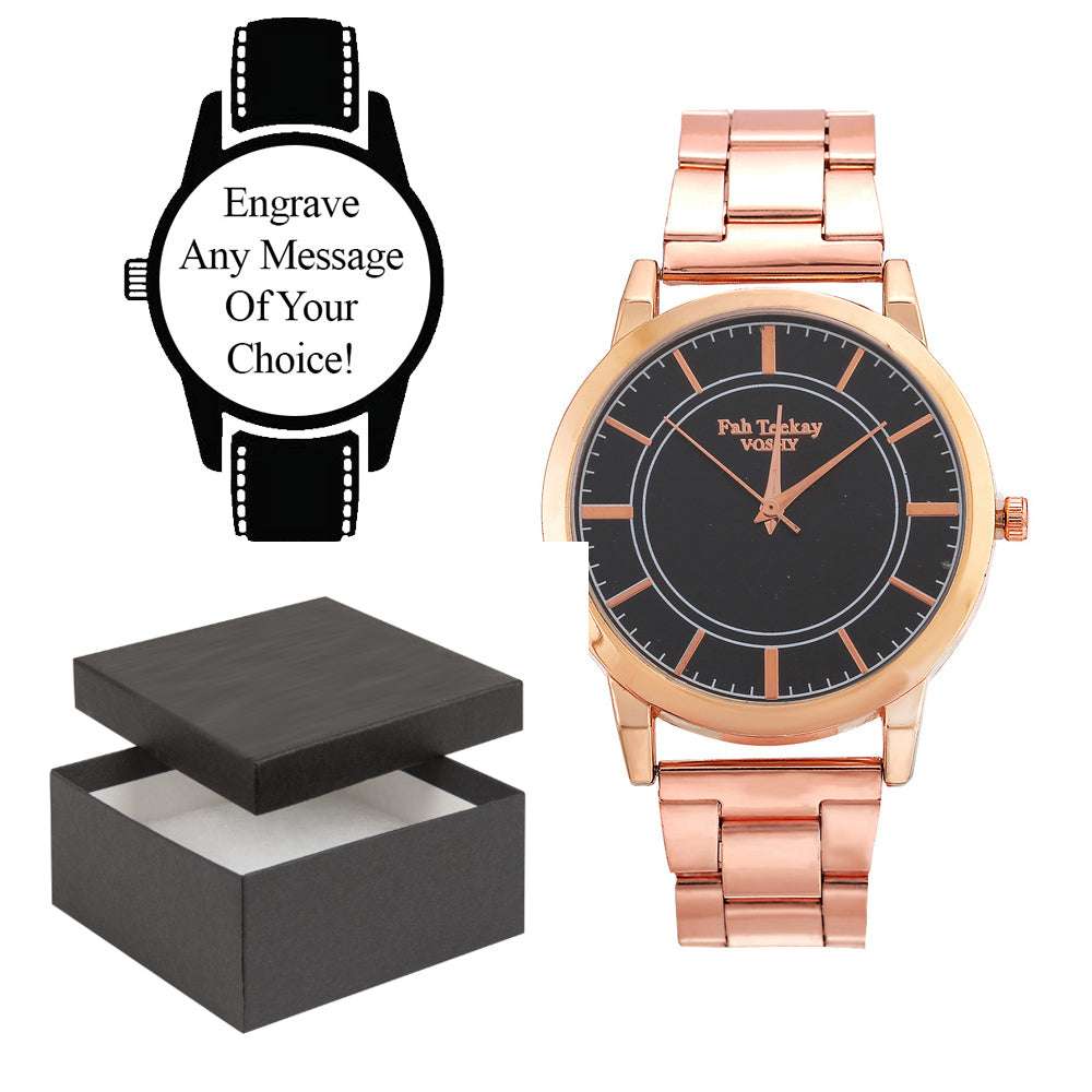Engraved Gold Metal Strap and Black Face Watch