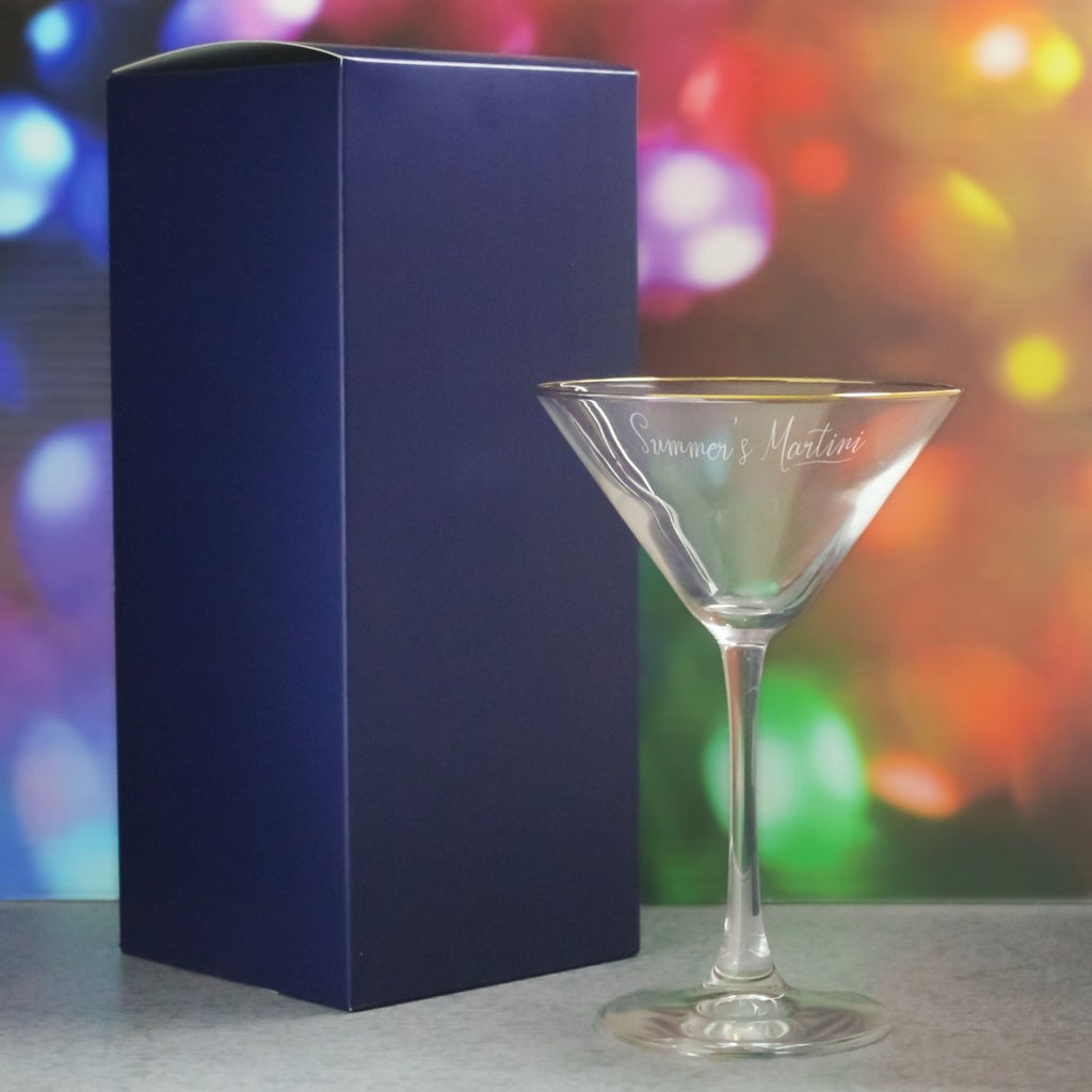 Engraved Gold Rim Martini Cocktail Glass with Name's Martini Design, Personalise with Any Name