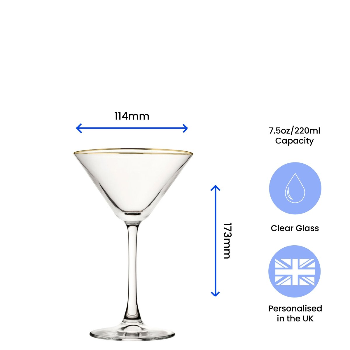 Engraved Gold Rim Martini Cocktail Glass with Name's Martini Design, Personalise with Any Name