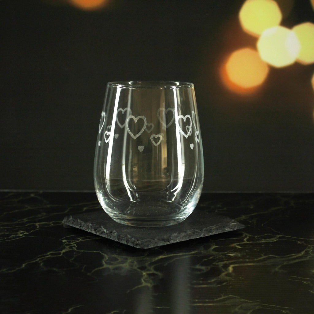 Engraved Hearts Pattern Set of 4 Gaia Stemless Wine 12oz Glasses
