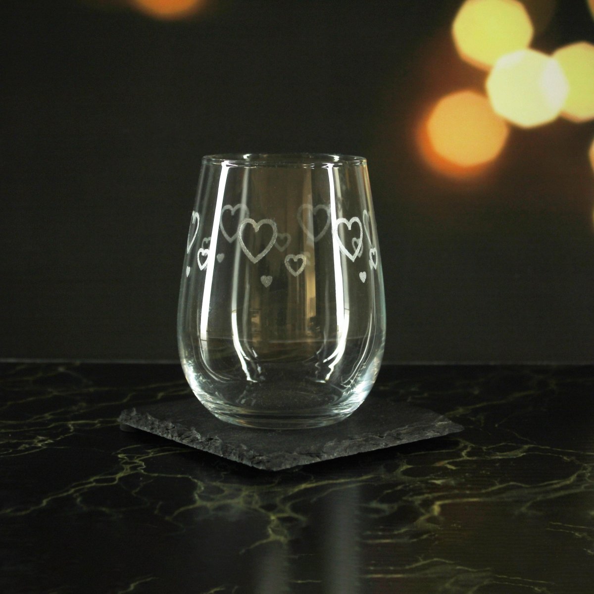 Engraved Hearts Pattern Set of 4 Gaia Stemless Wine 12oz Glasses