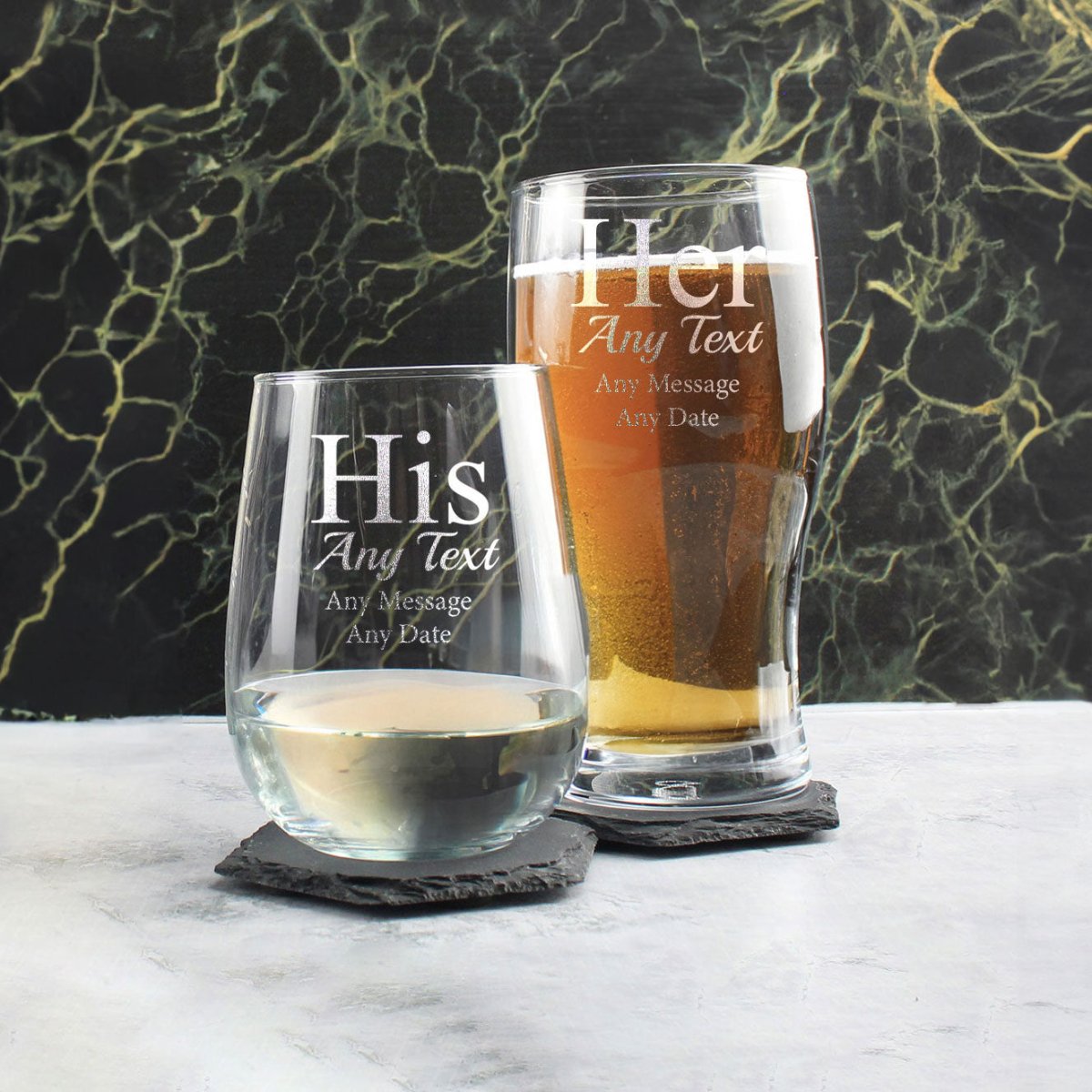Engraved His and Hers Any Text Beer and Stemless Wine Glass Set