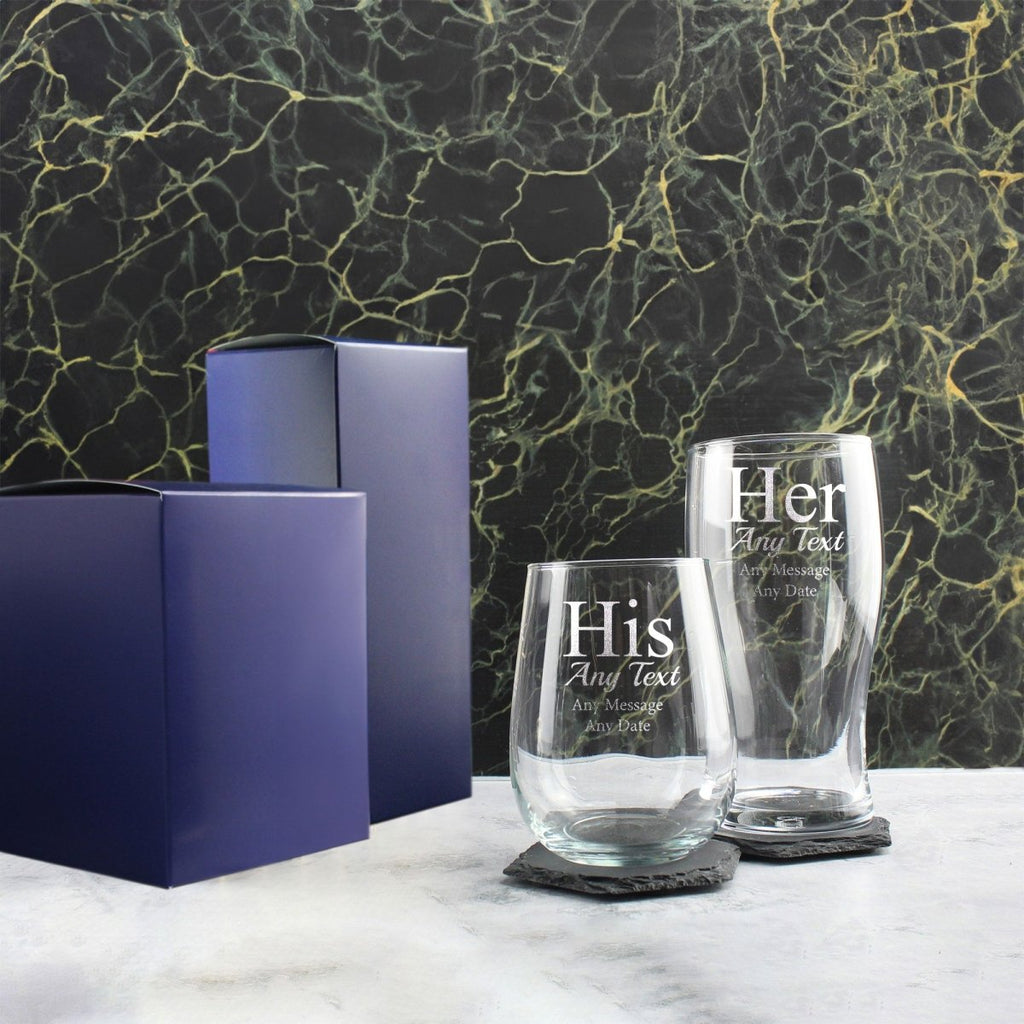 Engraved His and Hers Any Text Beer and Stemless Wine Glass Set