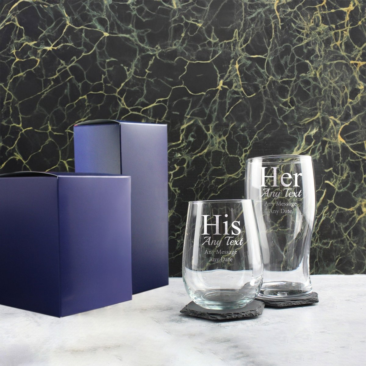 Engraved His and Hers Any Text Beer and Stemless Wine Glass Set