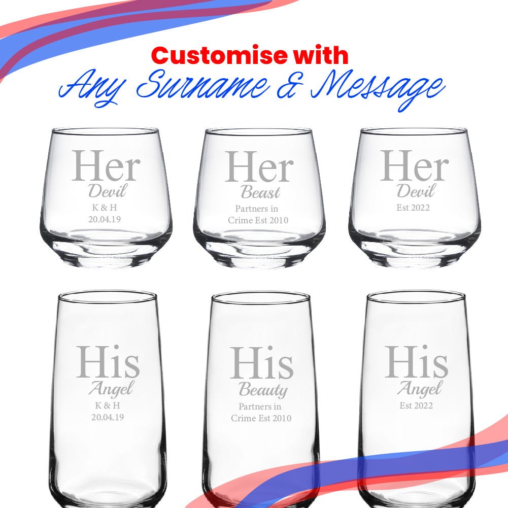 Engraved His and Hers Any Text Whisky and Cocktail Glass Set