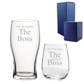 Engraved His and Hers Beer and Stemless Wine Set, The Actual Boss