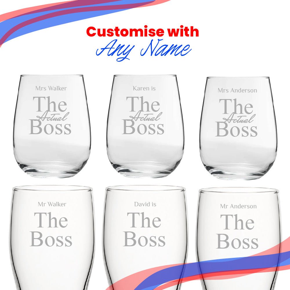 Engraved His and Hers Beer and Stemless Wine Set, The Actual Boss