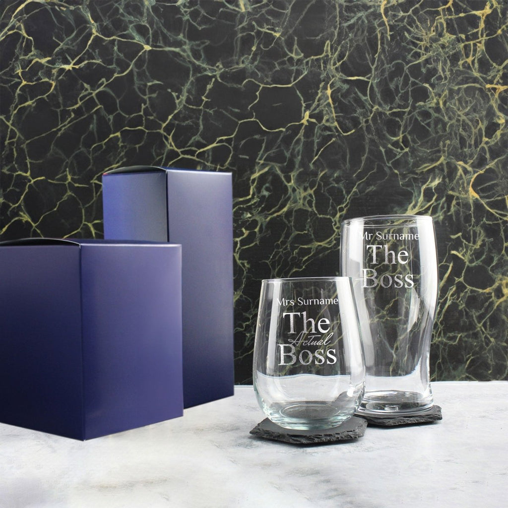 Engraved His and Hers Beer and Stemless Wine Set, The Actual Boss