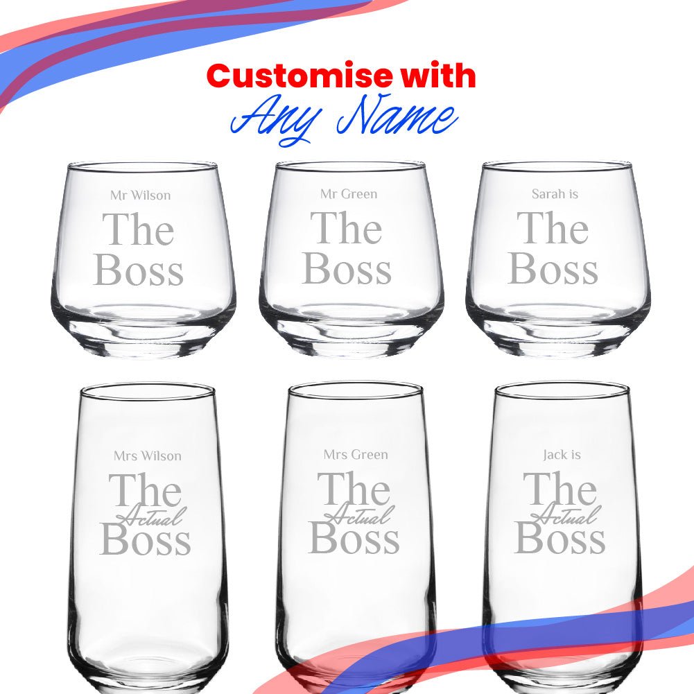 Engraved His and Hers Whisky and Cocktail Set, The Actual Boss