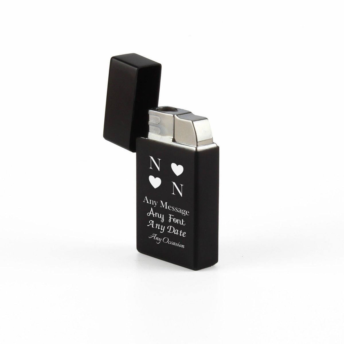Engraved Jet Gas Lighter Black Heart Initials Gift Boxed