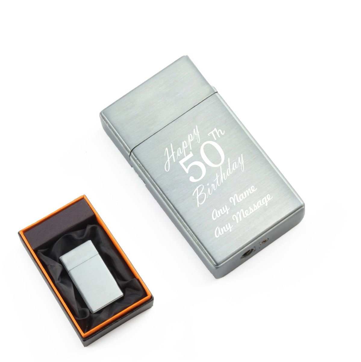 Engraved Jet Gas Lighter Silver Happy 50th Birthday Gift Boxed