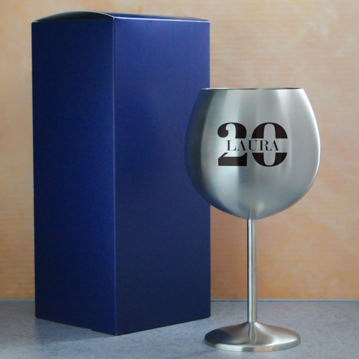 Engraved Metal Gin Balloon Cocktail Glass with Name in 20 Design