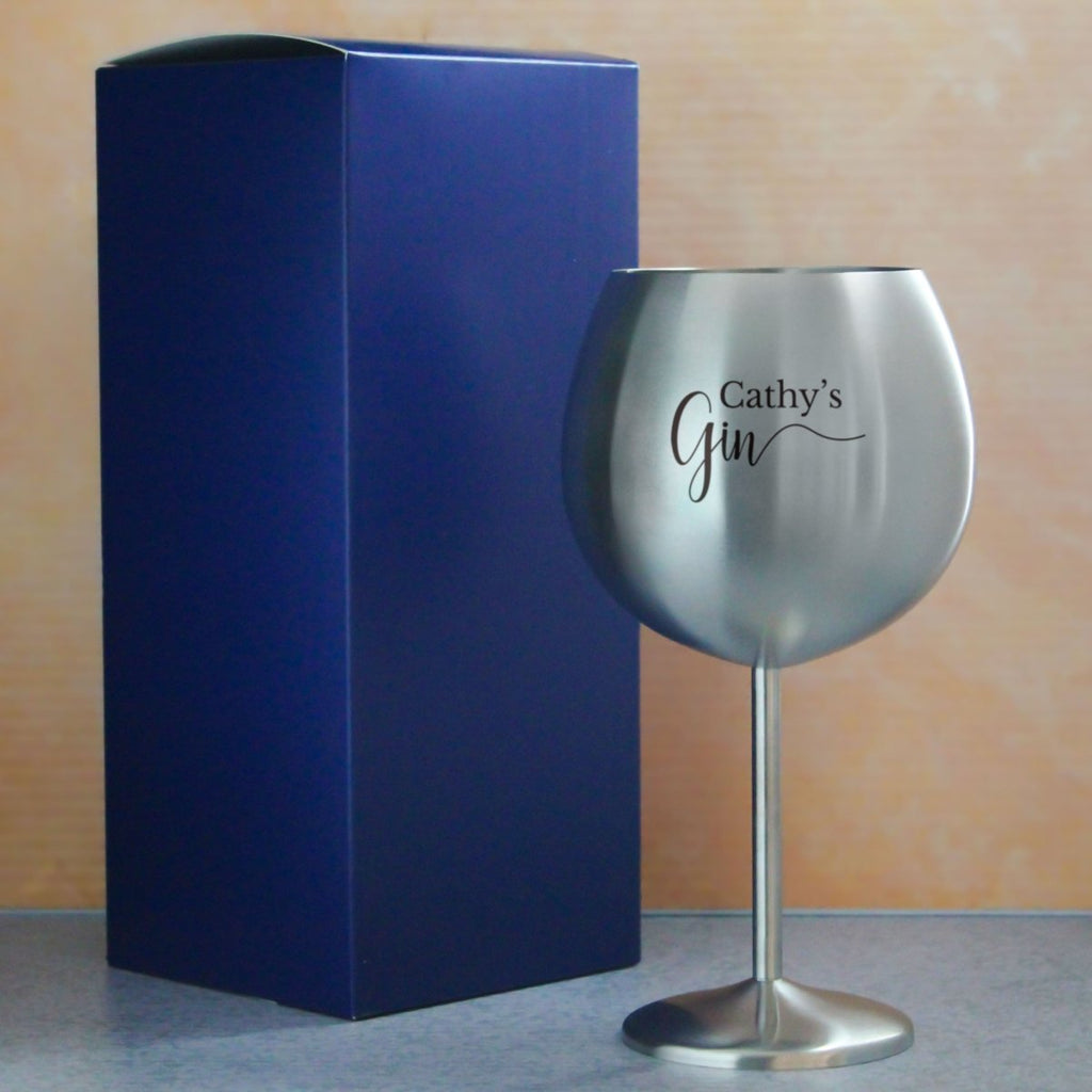 Engraved Metal Gin Balloon Cocktail Glass with Name's Gin Design, Personalise with Any Name