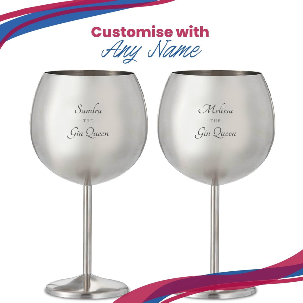 Engraved Metal Gin Balloon Cocktail Glass with The Gin Queen Design, Personalise with Any Name