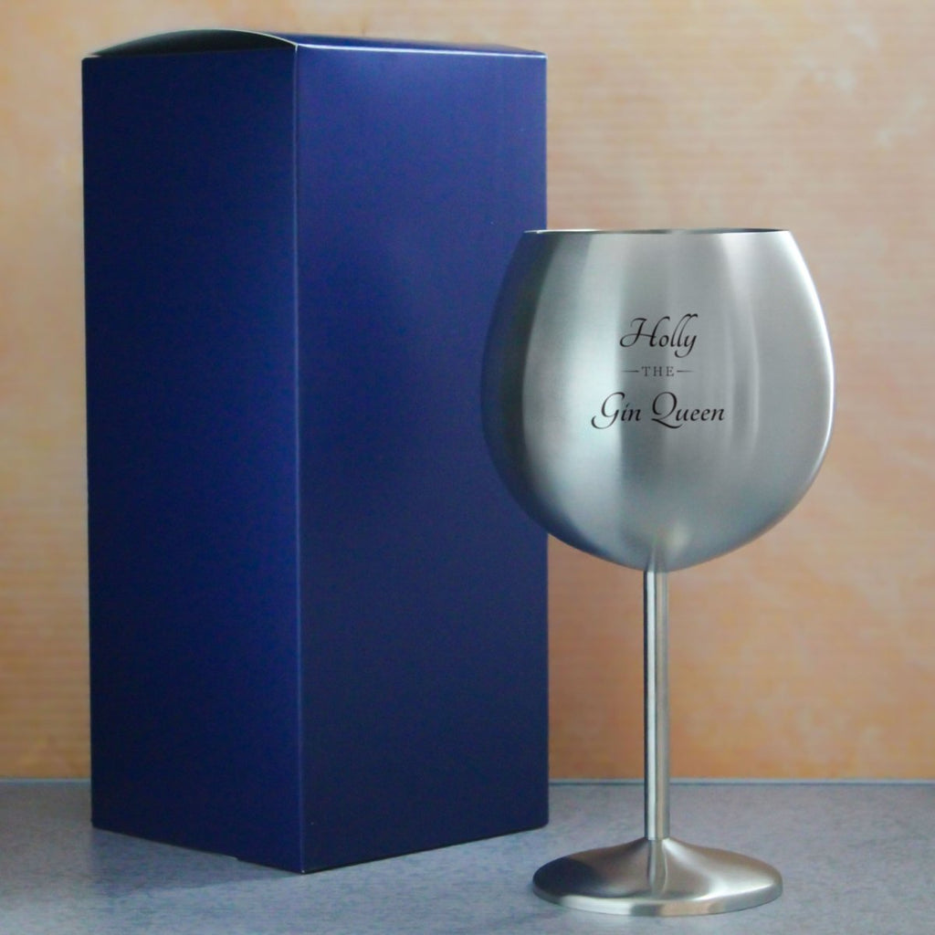 Engraved Metal Gin Balloon Cocktail Glass with The Gin Queen Design, Personalise with Any Name