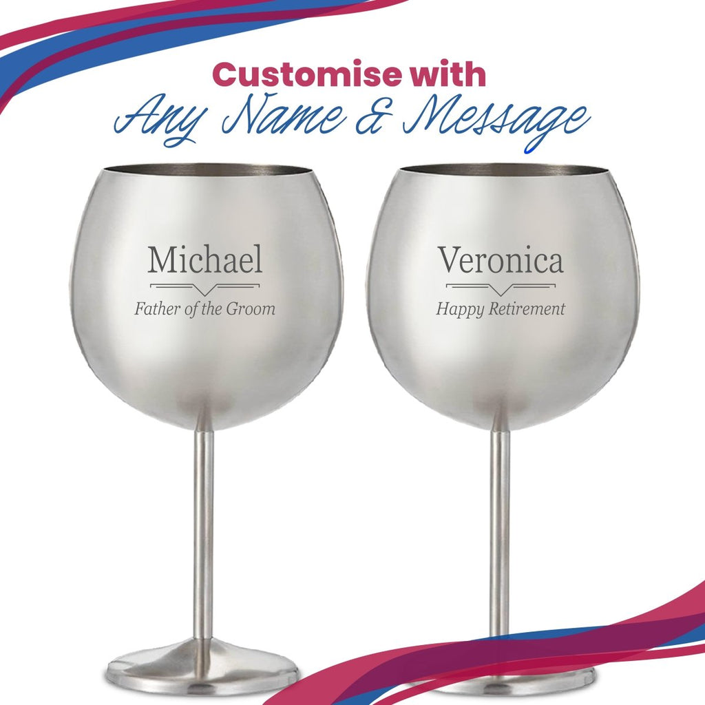 Engraved Metal Gin Balloon Glass with Line Break Design, Personalise with Any Name and Message