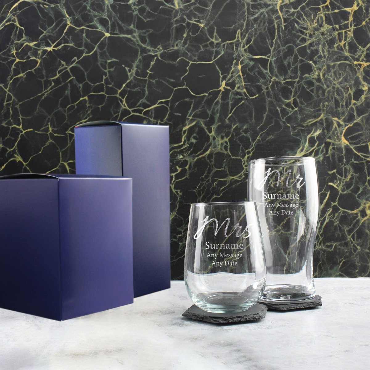Engraved Mr and Mrs Beer and Stemless Wine Set, Elegant Font