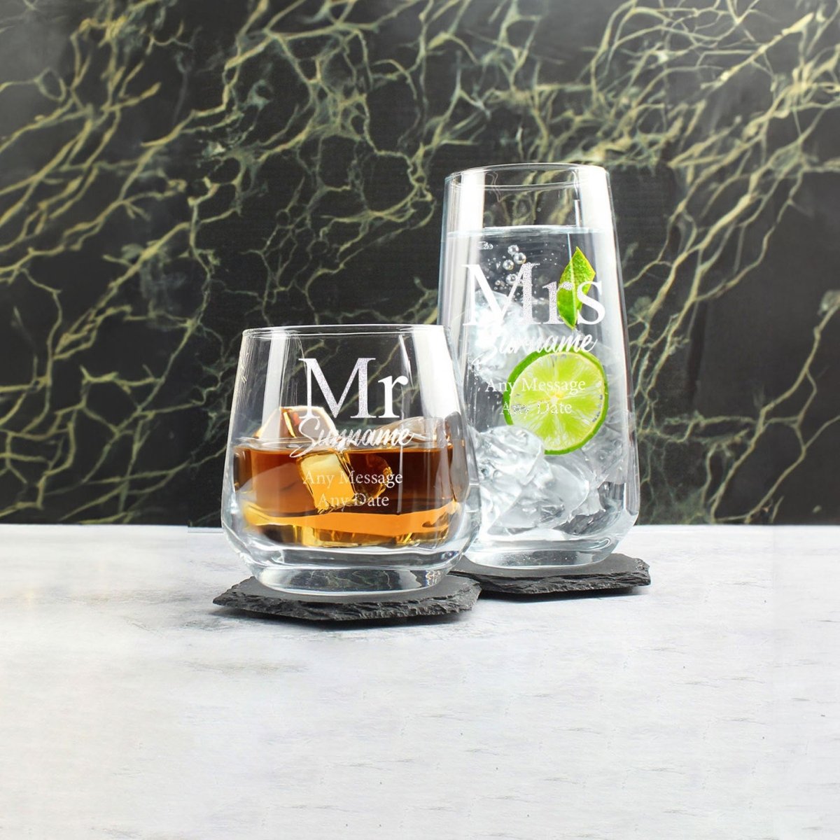 Engraved Mr and Mrs Whisky and Cocktail Set, Classic Font