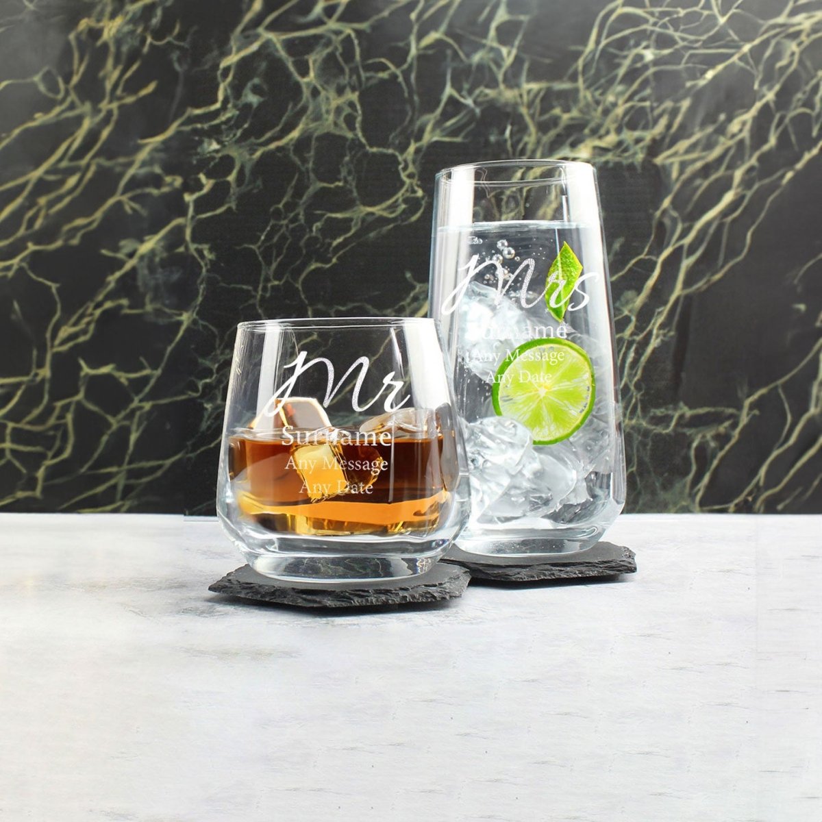 Engraved Mr and Mrs Whisky and Cocktail Set, Elegant Font