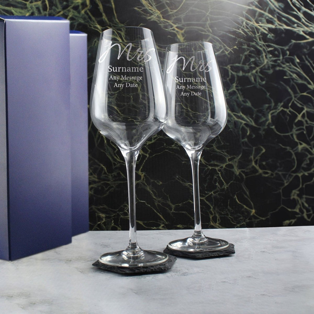 Engraved Mrs and Mrs Sublym Wine Glasses, 15.8oz/450ml, Elegant Font