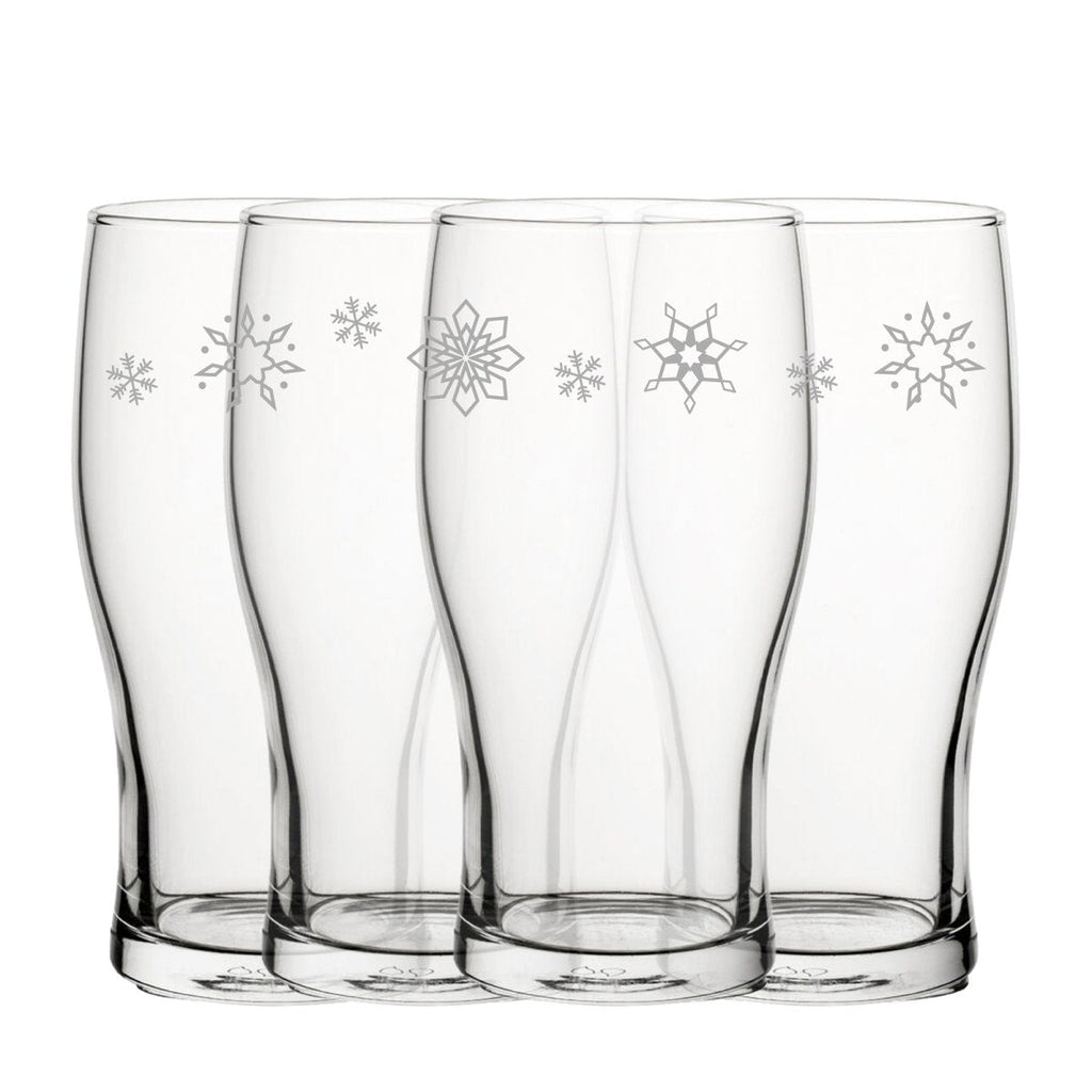 Engraved Snowflake Pattern Tulip Pint Glass Set of 4 20oz Glasses
