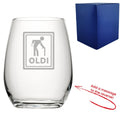 Engraved Stemless Wine Glass with Oldi Design, Add a Personalised Message to the Reverse