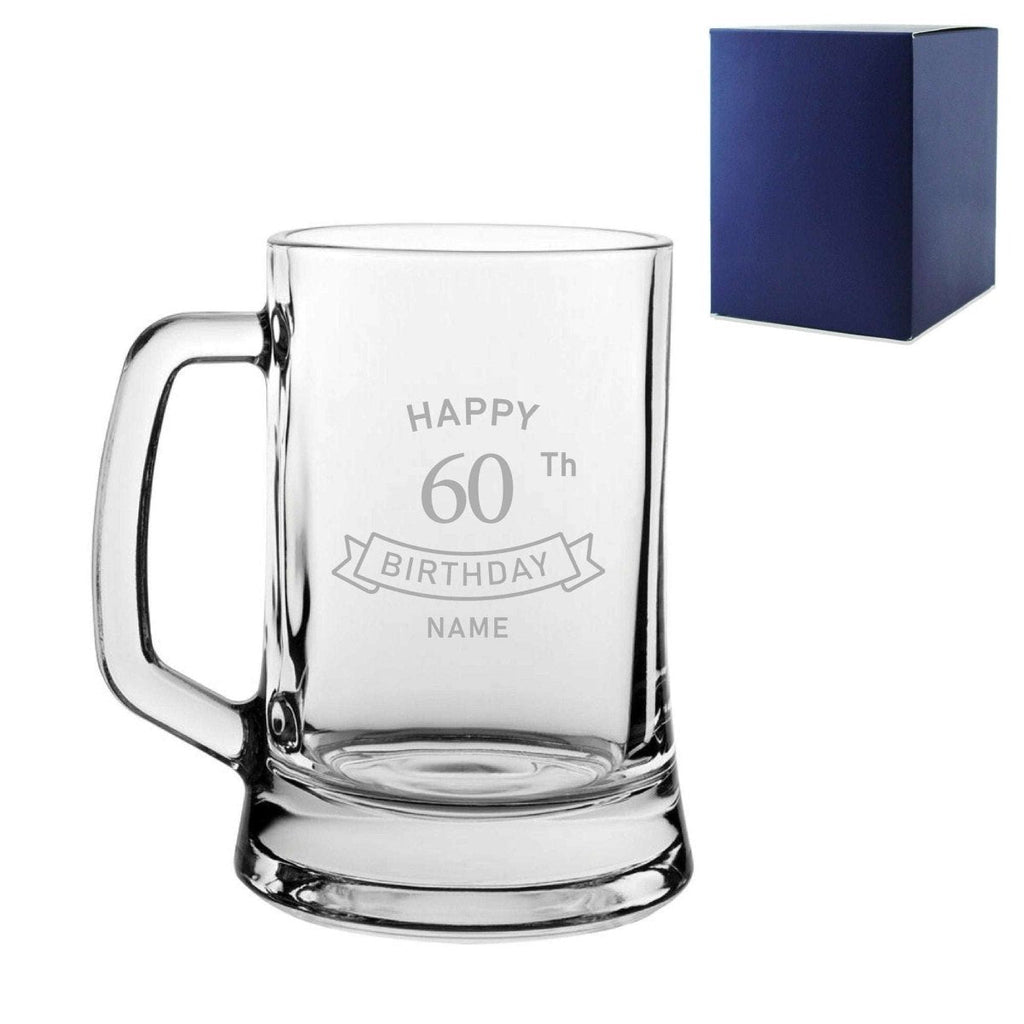 Engraved  Tankard Beer Mug Stein Happy 60th Birthday Banner Design Gift Boxed