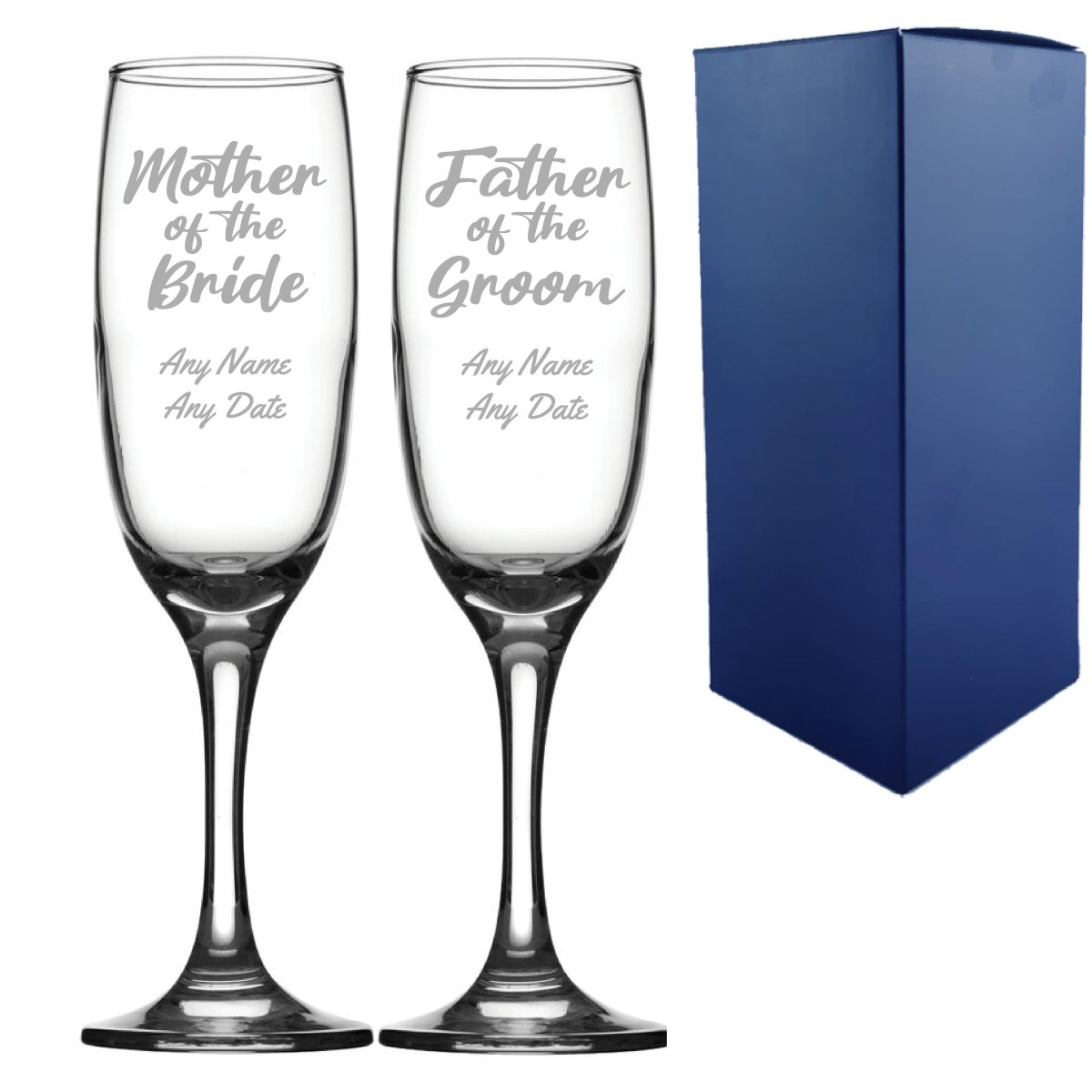 Engraved Wedding Champagne Set Mother/Father of the Bride/groom 2pc, Script Font