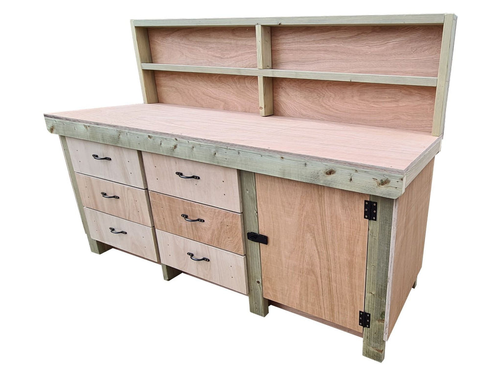 Wooden Eucalyptus hardwood top workbench, cabinet with lockable cupboard (V.3) with back and double shelf