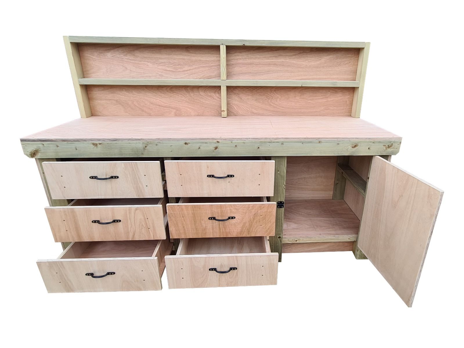 Wooden Eucalyptus hardwood top workbench, cabinet with lockable cupboard (V.3) with back