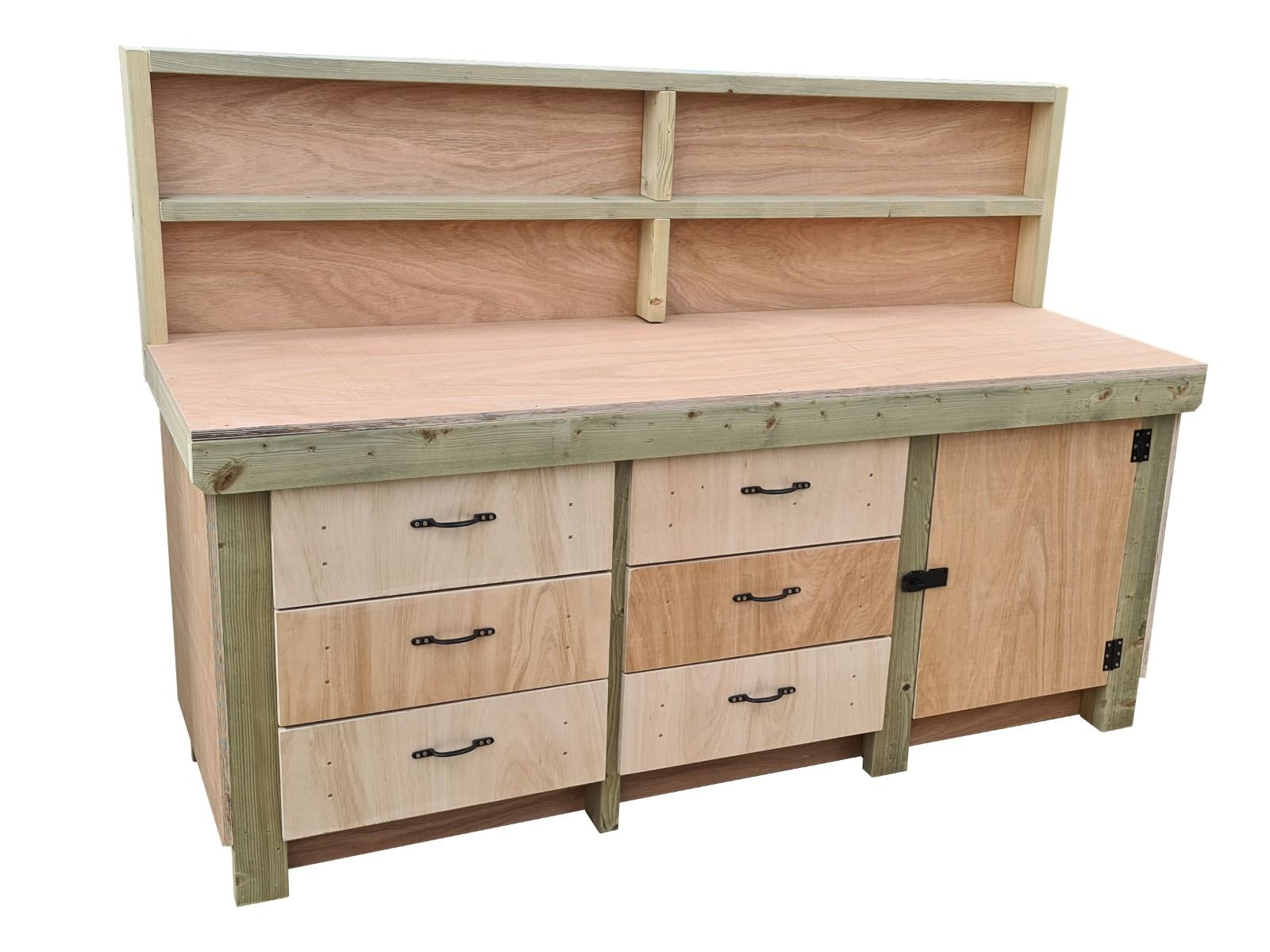 Wooden Eucalyptus hardwood top workbench, cabinet with lockable cupboard (V.3) with back and double shelf