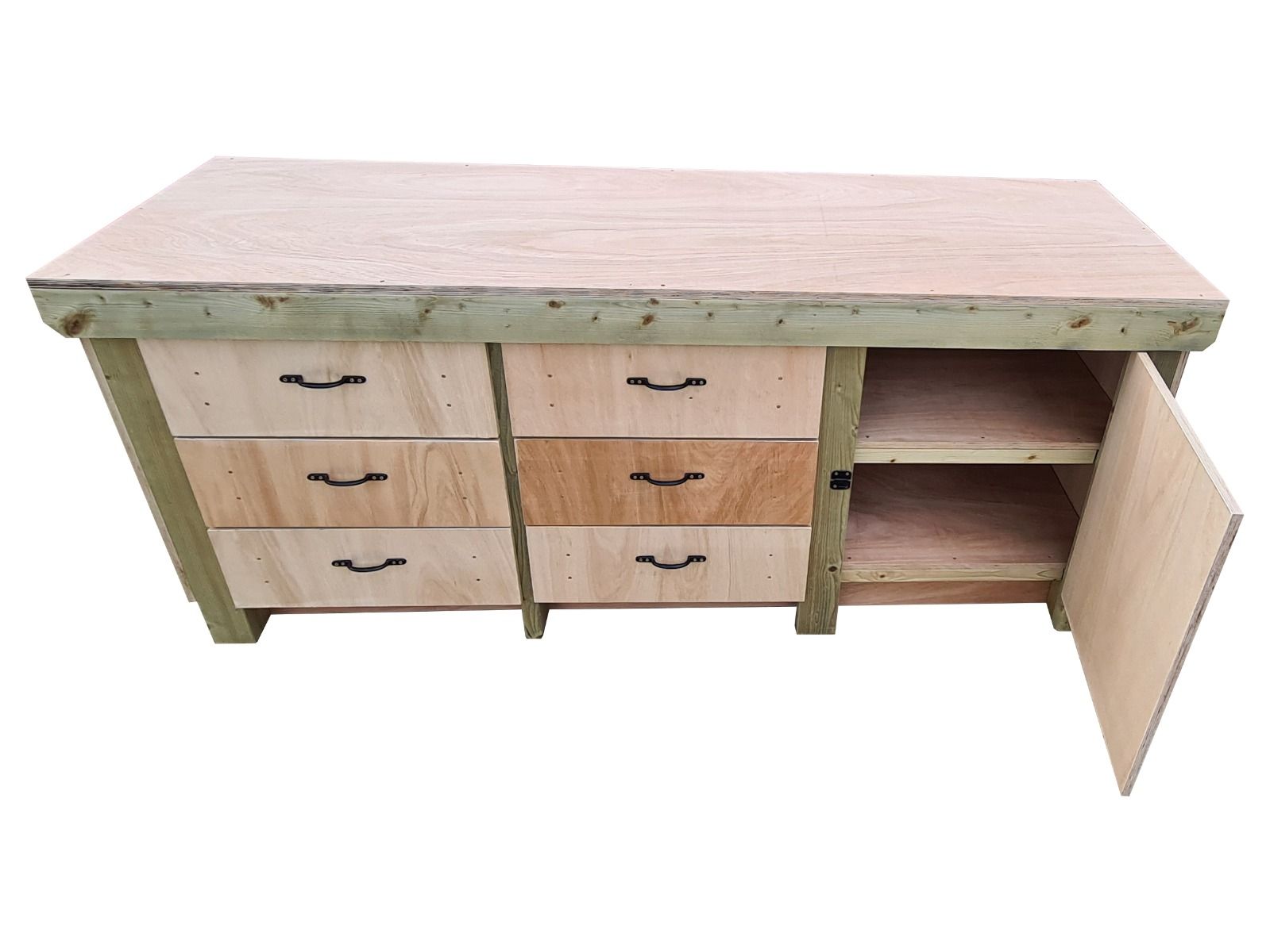 Wooden Eucalyptus hardwood top workbench, cabinet with lockable cupboard (V.3) double shelf