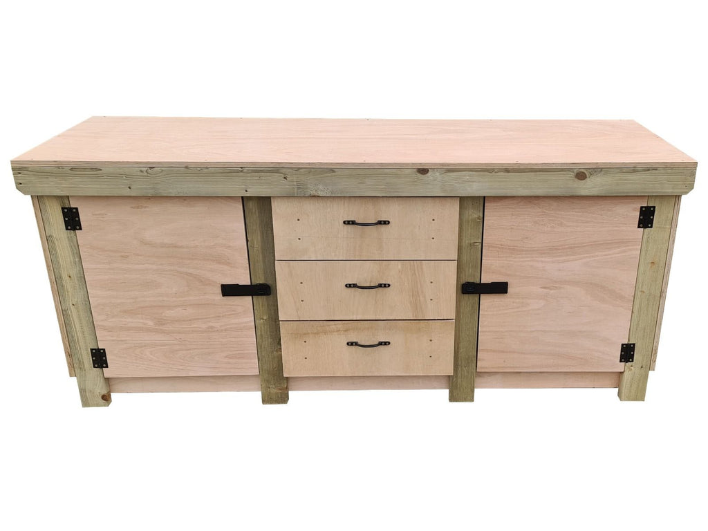Eucalyptus top workbench with drawers and double lockable cupboard (V.8)
