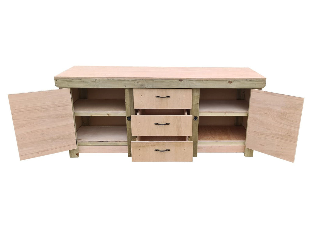 Eucalyptus top workbench with drawers and double lockable cupboard (V.8) with double shelf