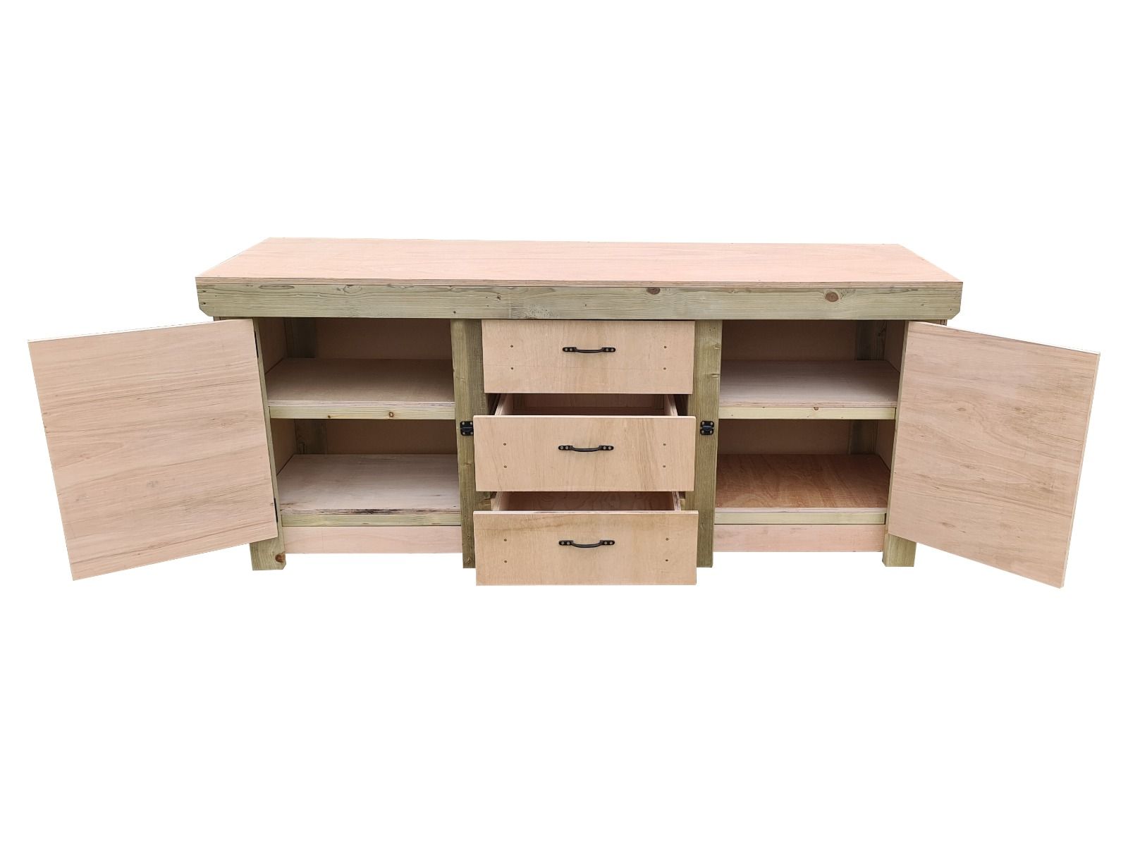 Eucalyptus top workbench with drawers and double lockable cupboard (V.8) with double shelf