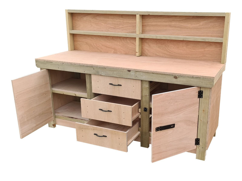 Eucalyptus top workbench with drawers and double lockable cupboard (V.8) with back panel & double shelf